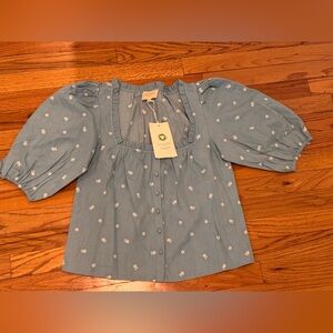 Sezane Kelli’s Blue and White Floral Blouse Puff Sleeves Size 36 women’s size 6